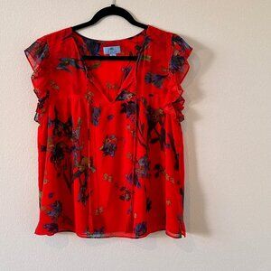 CeCe Red Floral Cap Sleeve Top Size L